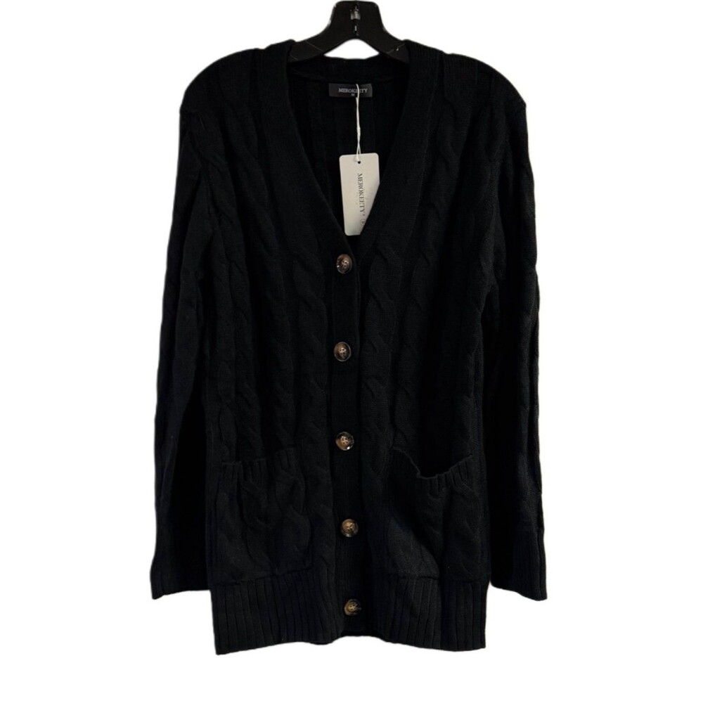 NWT Merokeety Black Long Cable Knit Cardigan Sweater Size M